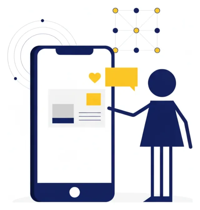 Een grote smartphone met een bericht, een hartje en een reactie, en een medewerker die ernaar wijst
