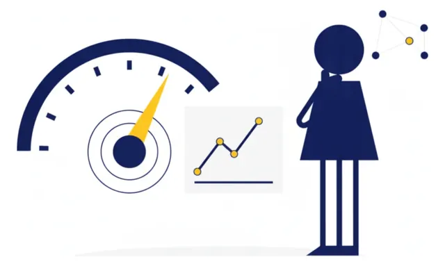 Een meter met een gele naald en een stijgende lijngrafiek, bekeken door een medewerker